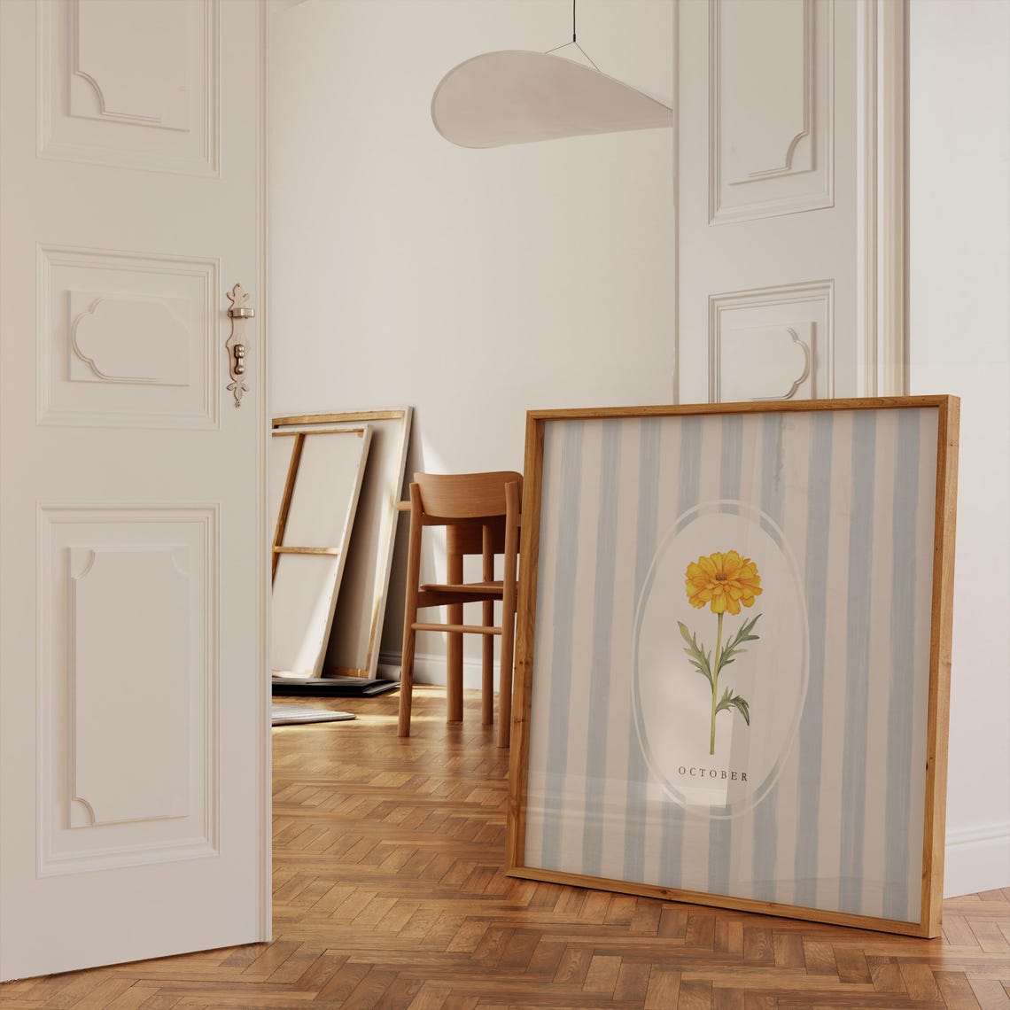 October Marigold Birth Flower Watercolor Blue Striped Wall Art - Image 3