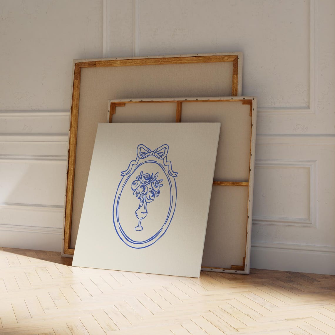 Blue Line Rose Bouquet Vase Coquette Bow Oval Frame Art Print - Image 4