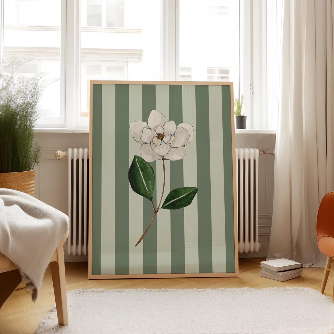 Sage Green Striped Magnolia Watercolor Poster Floral Wall Decor - Image 5