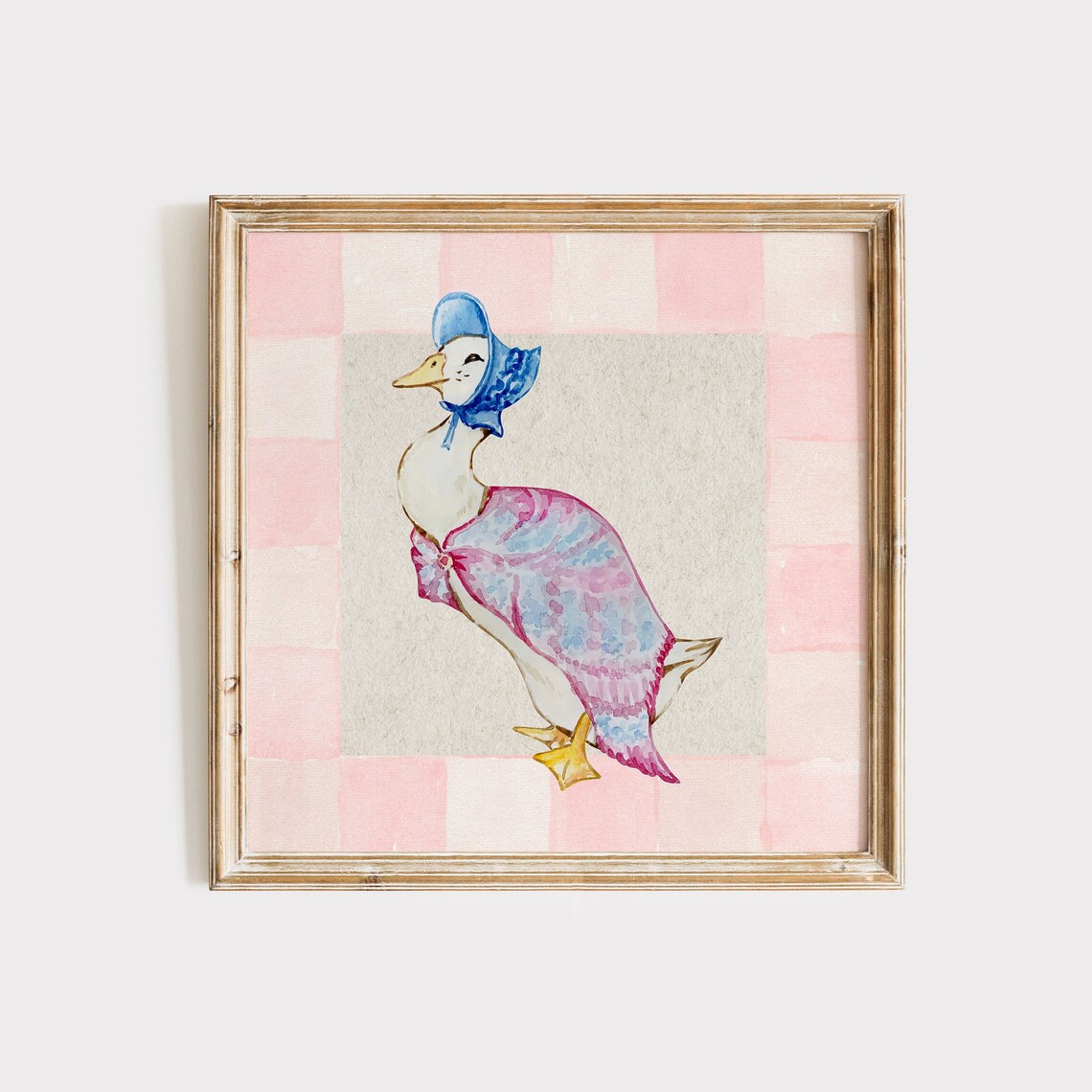 Mother Goose in Bonnet and Shawl on Pink Checkered Nursery Poster