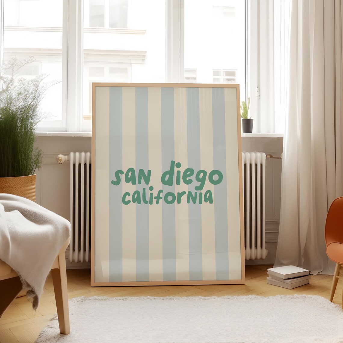 San Diego California Teal Hand Lettered Striped Vertical Travel Poster - Image 3