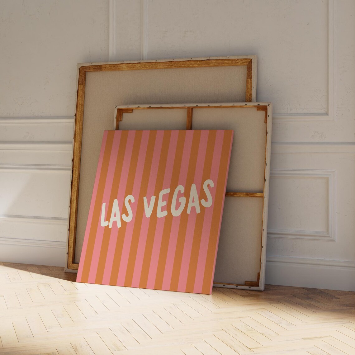 Las Vegas Cream Hand Lettered Pink Orange Striped Square Travel Poster - Image 4
