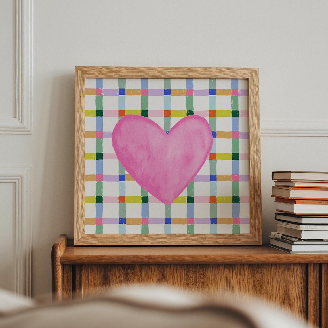 Big Pink Watercolor Heart Colorful Check Plaid Kids Room Wall Art - Image 5