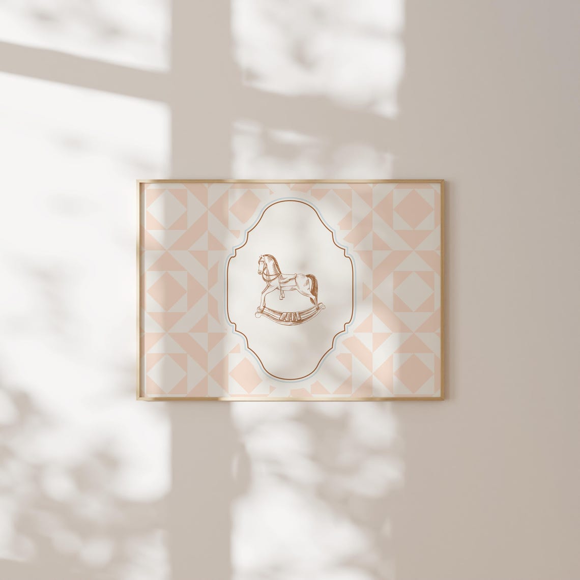 Peach Quilted Rocking Horse Nursery Poster Vintage Baby Room Decor - Image 3