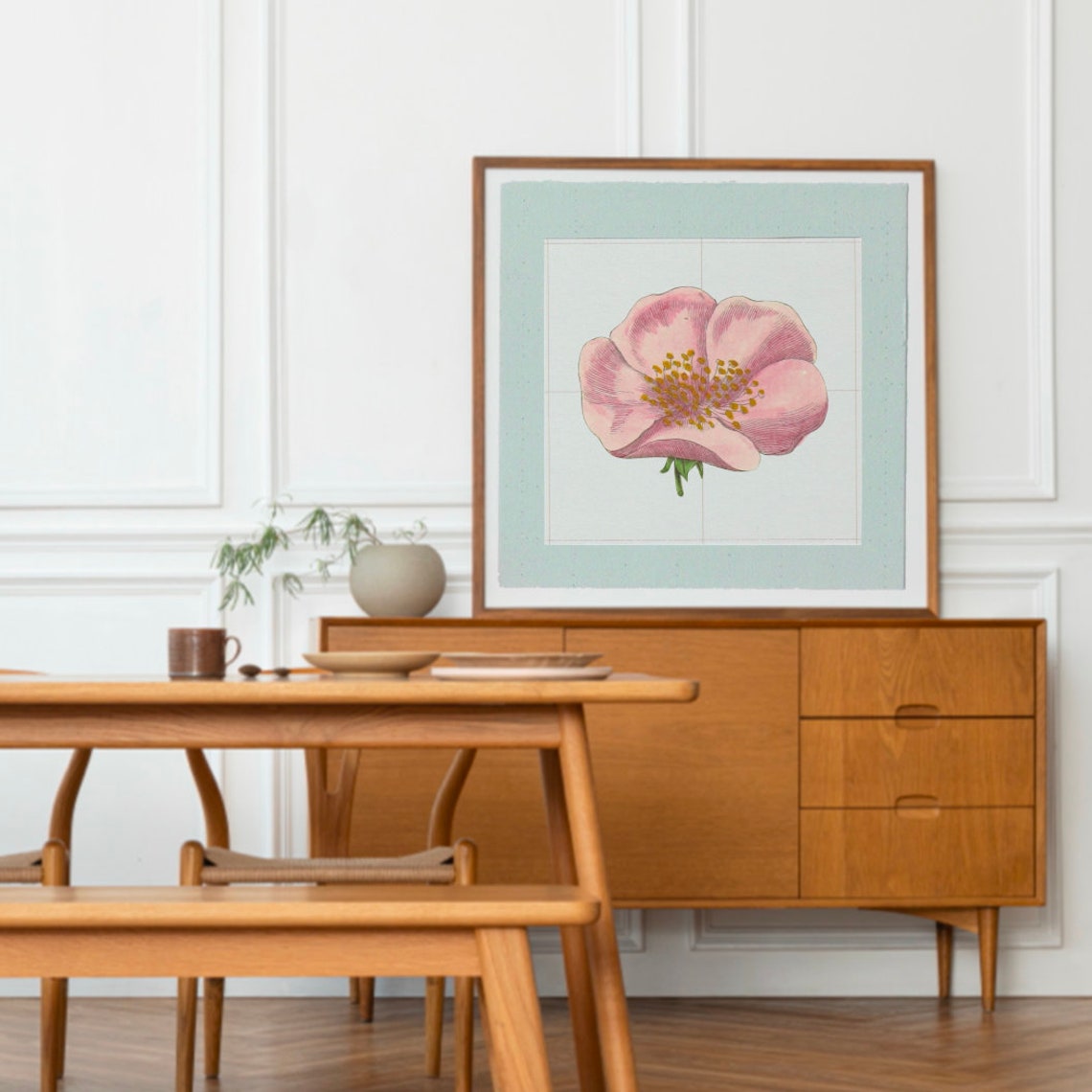Vintage Pink Wild Rose Engraved Botanical On Blue Mat Poster - Image 2
