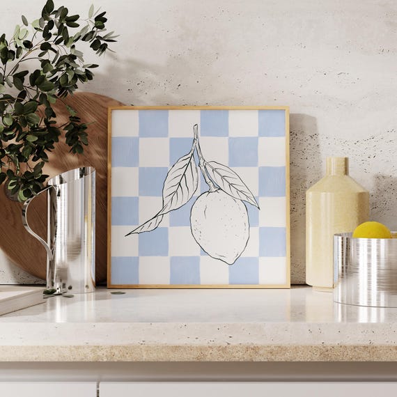 Blue Checkered Lemon Print Instant Wall Art Trendy Decor Fruit Illustration Living Room Art Cottage Kitchen