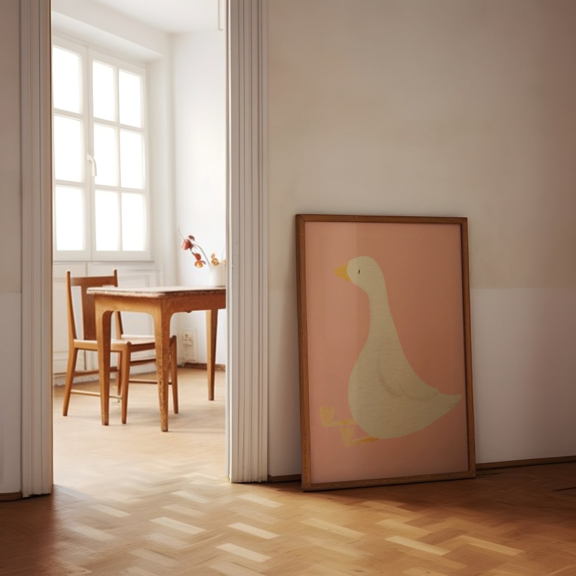 Cute White Goose Nursery Illustration on Pink Background Poster - Image 3