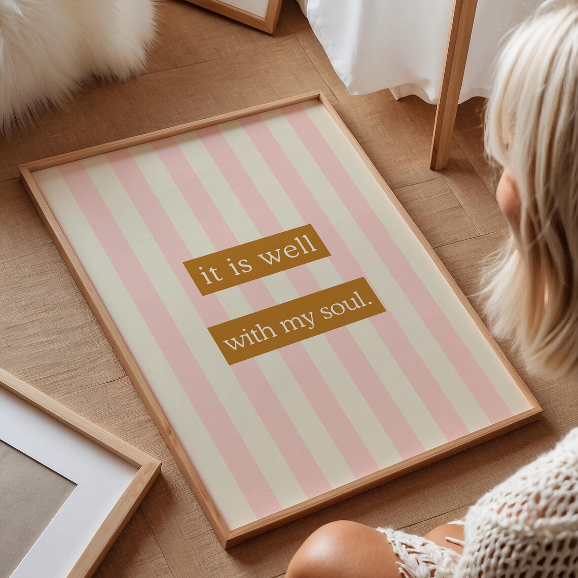It Is Well With My Soul Pink Striped Gold Quote Nursery Wall Poster - Image 2