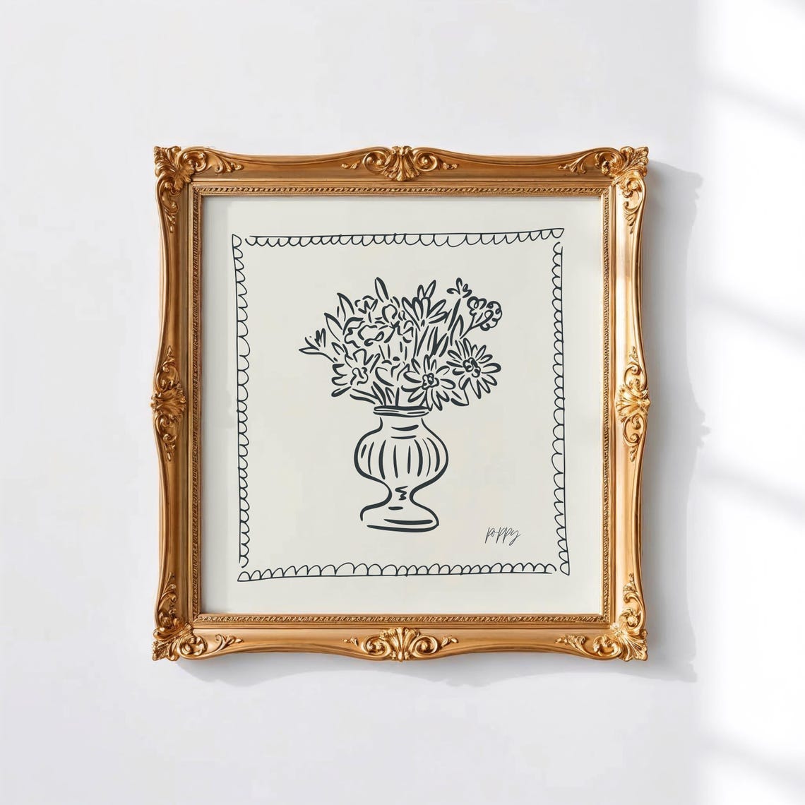 Black Line Flower Bouquet Vase Scalloped Border Gold Frame Art Poster