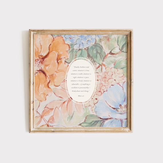 Philippians 4:8 Floral Watercolor Scripture Art Peach Hydrangea Poster
