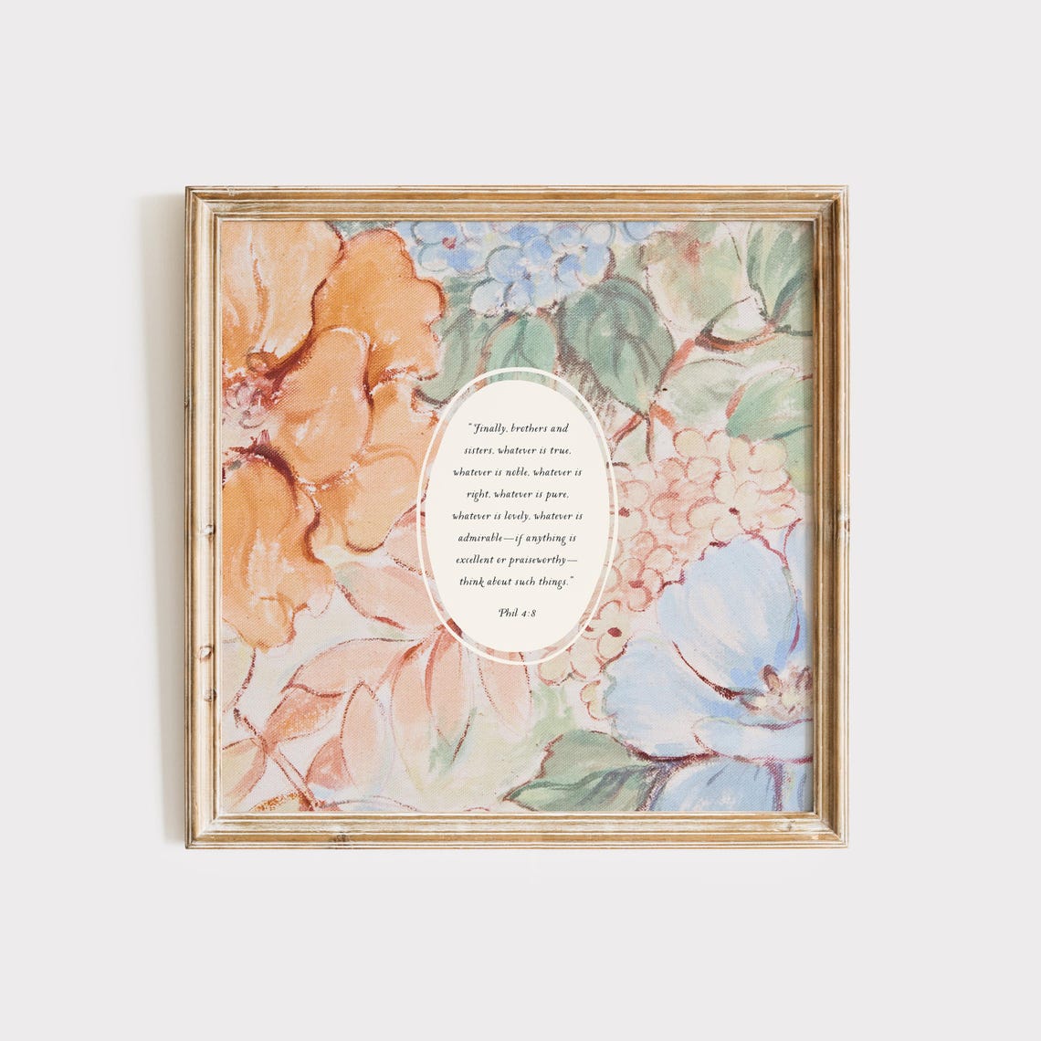 Philippians 4:8 Floral Watercolor Scripture Art Peach Hydrangea Poster