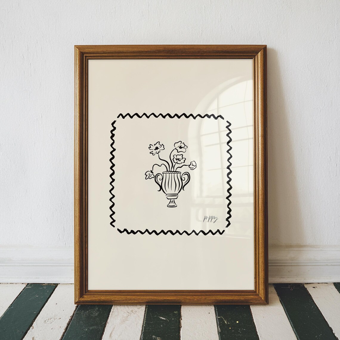 Black Floral Urn Stamp Border Line Art Cream Minimal Wall Art Poster - Image 4