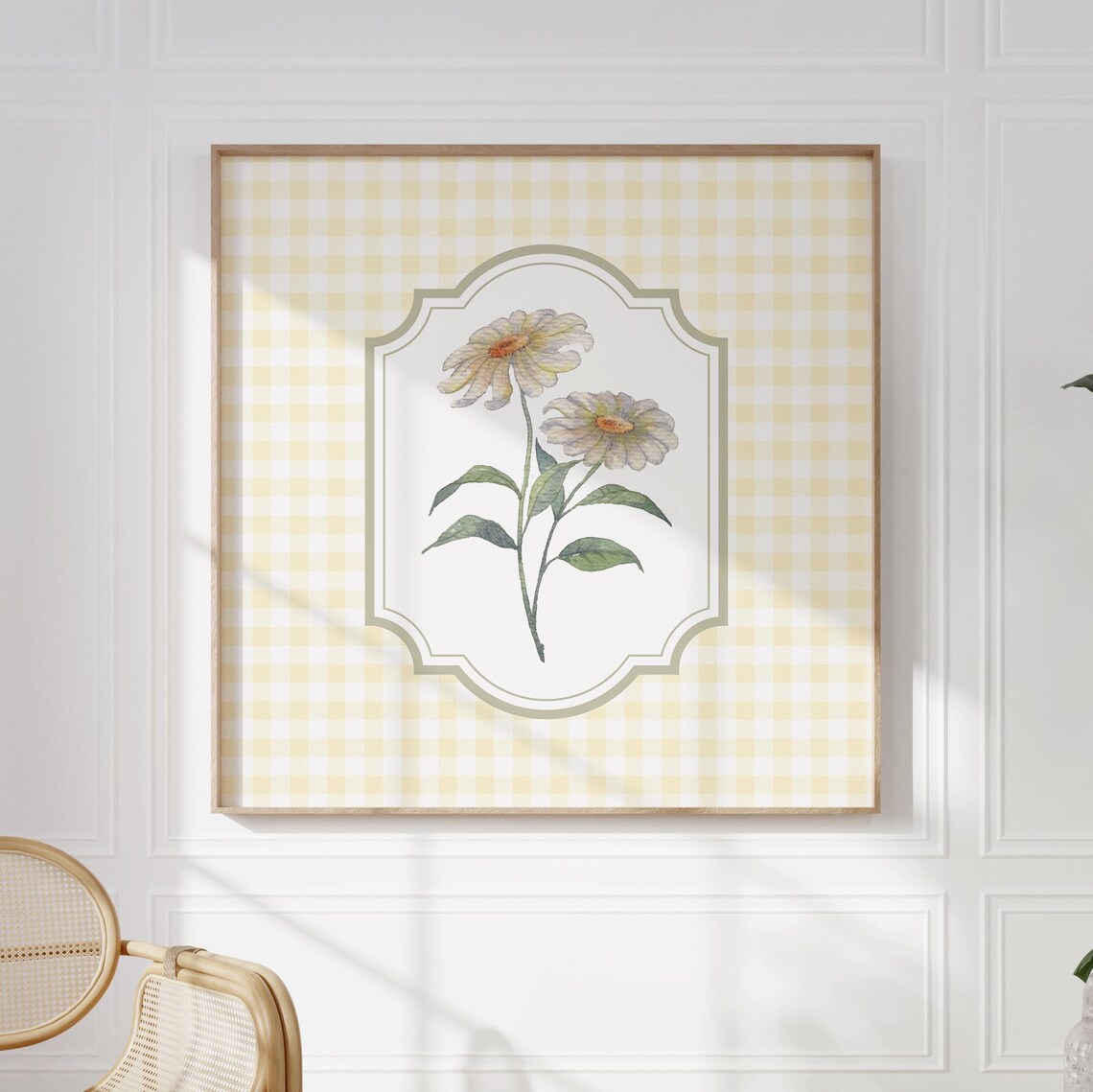 Twin Cream Daisies With Orange Centers on Yellow Gingham Cottage Poster - Image 2