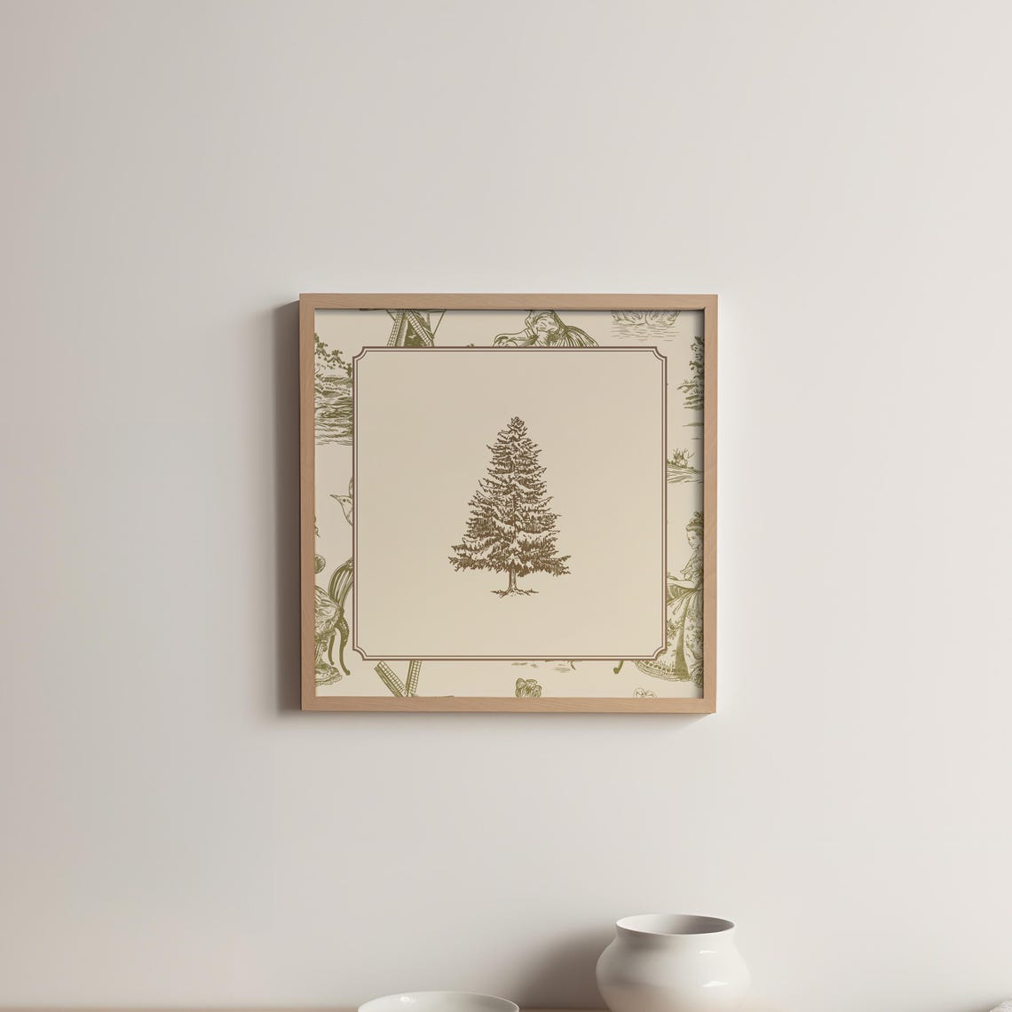 Vintage Green Toile Pine Tree Print Wall Art Trendy Decor Cottage Nursery - Image 5
