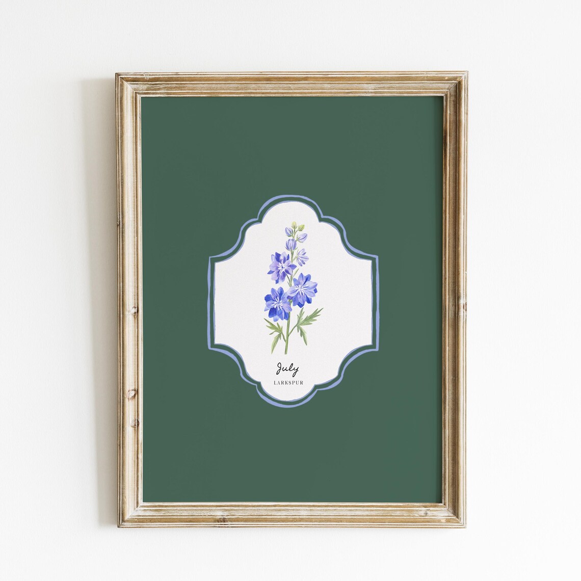 July Larkspur Birth Flower Deep Green Botanical Vintage Wall Art