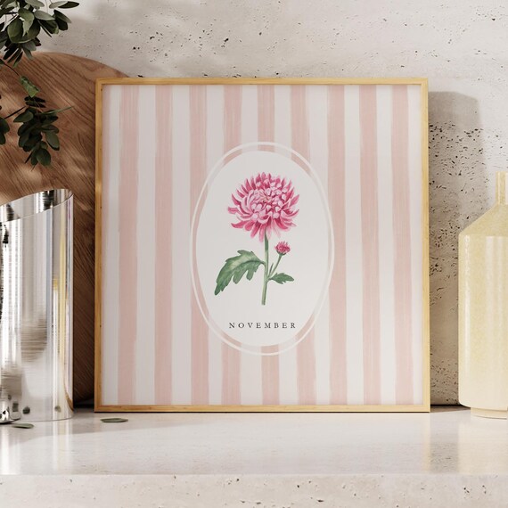 November Chrysanthemum Birth Month Pink Watercolor Flower Poster