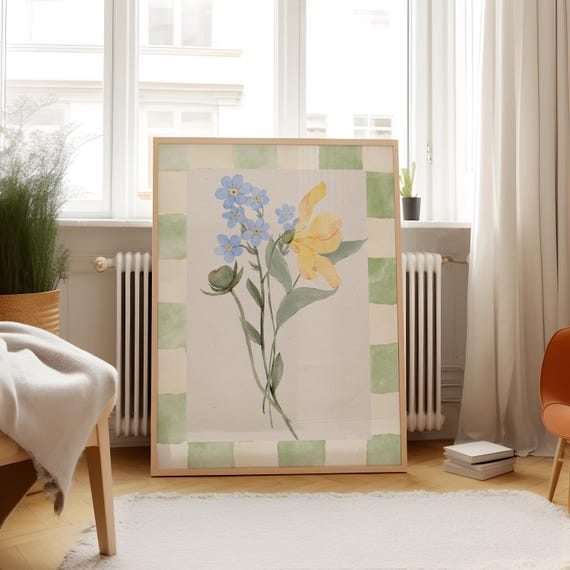 Blue Yellow Vintage Floral Bouquet, Watercolor Art Print