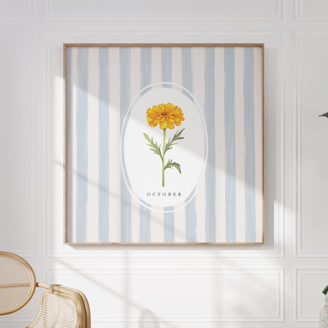 October Marigold Birth Flower Watercolor Blue Striped Wall Art