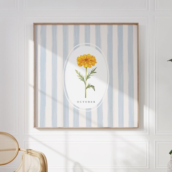 October Marigold Birth Flower Watercolor Blue Striped Wall Art