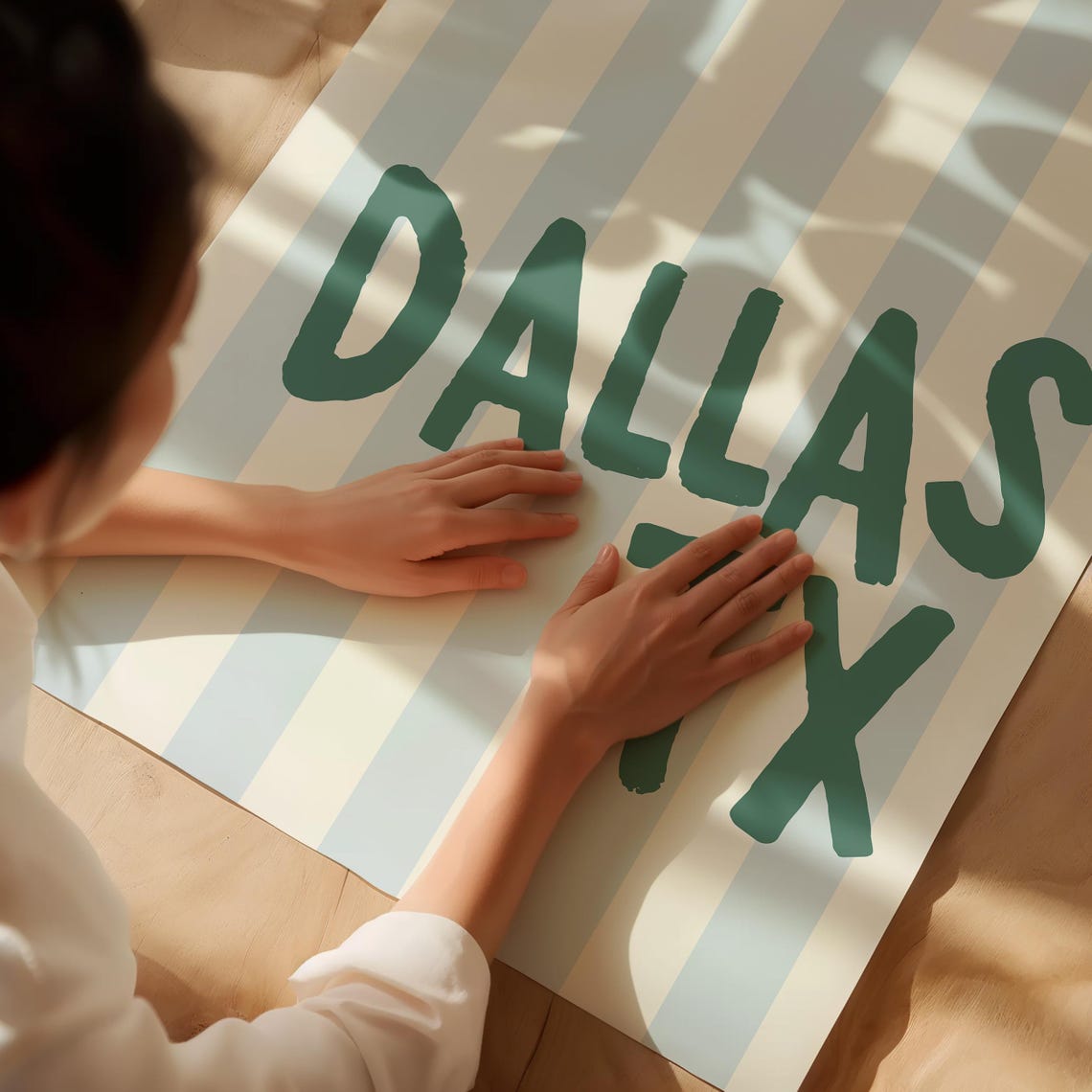 Dallas Texas Green Hand Lettered Striped Vertical City Name Poster - Image 3