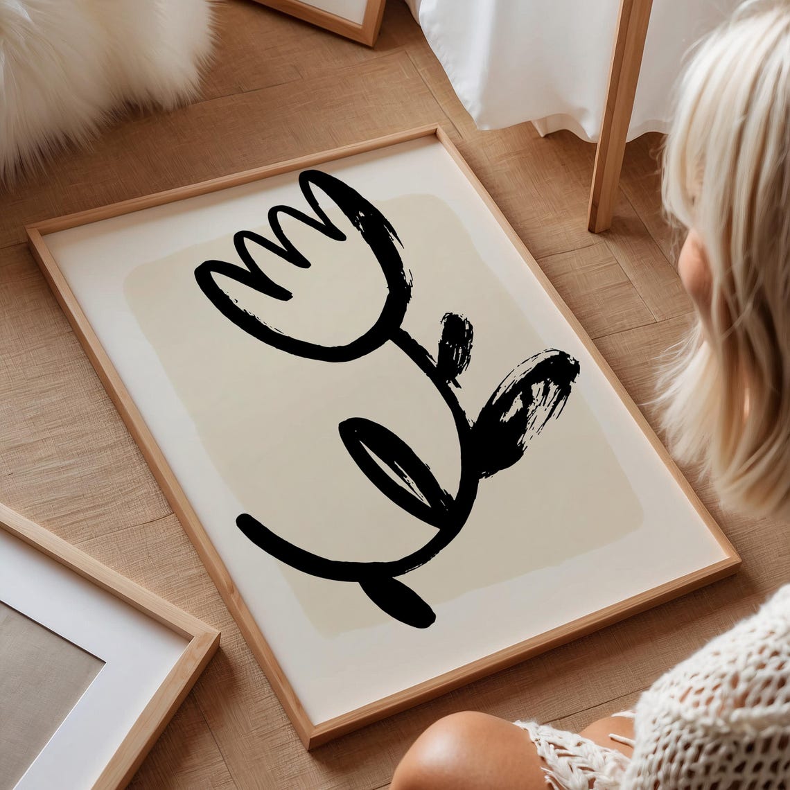 Bold Black Abstract Tulip Ink Brushstroke Modern Botanical Wall Art - Image 2
