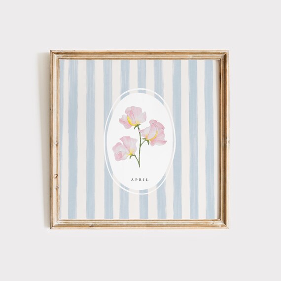 April Sweet Pea Birth Month Flower Blue Stripe Watercolor Botanical Poster