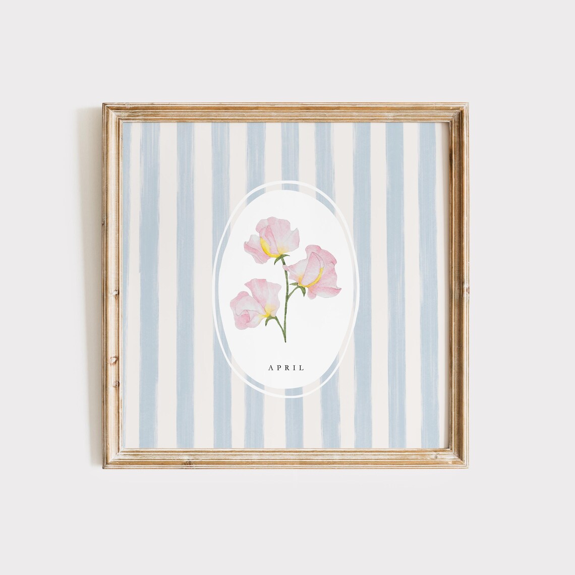 April Sweet Pea Birth Month Flower Blue Stripe Watercolor Botanical Poster