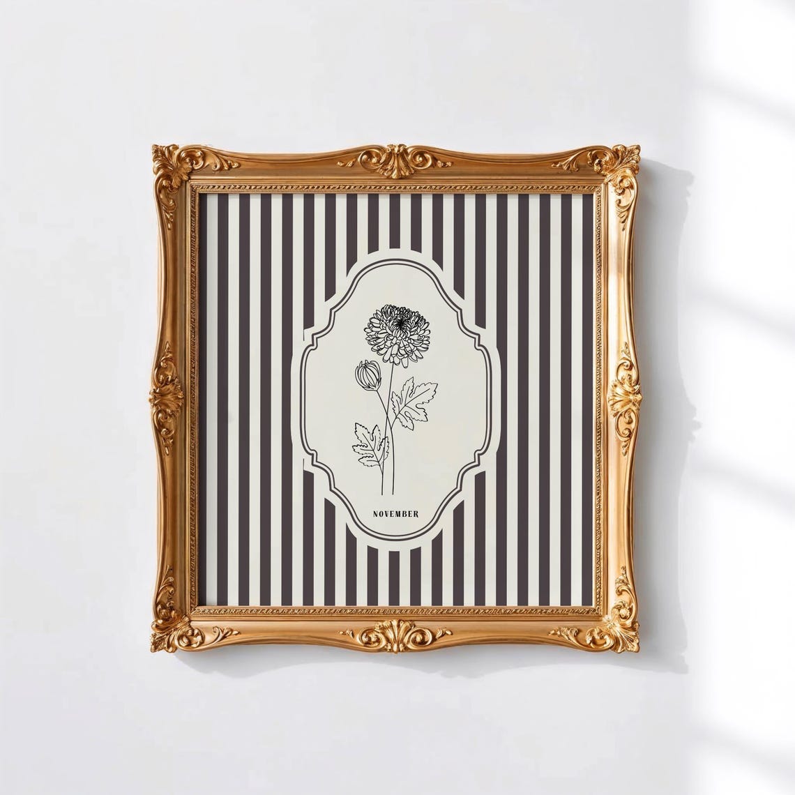 November Birth Month Chrysanthemum Thin Line Art Striped Wall Print