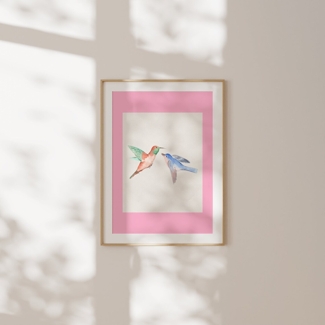 Two Birds Coral Hummingbird Blue Songbird Pink Framed Art Print