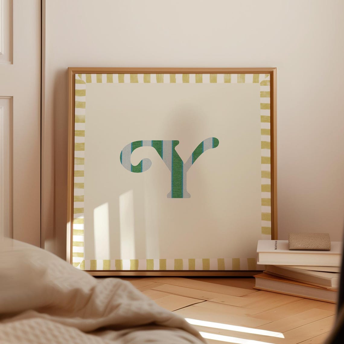 Swash Letter Y Green Blue Striped Monogram Cream Framed Art Print - Image 5