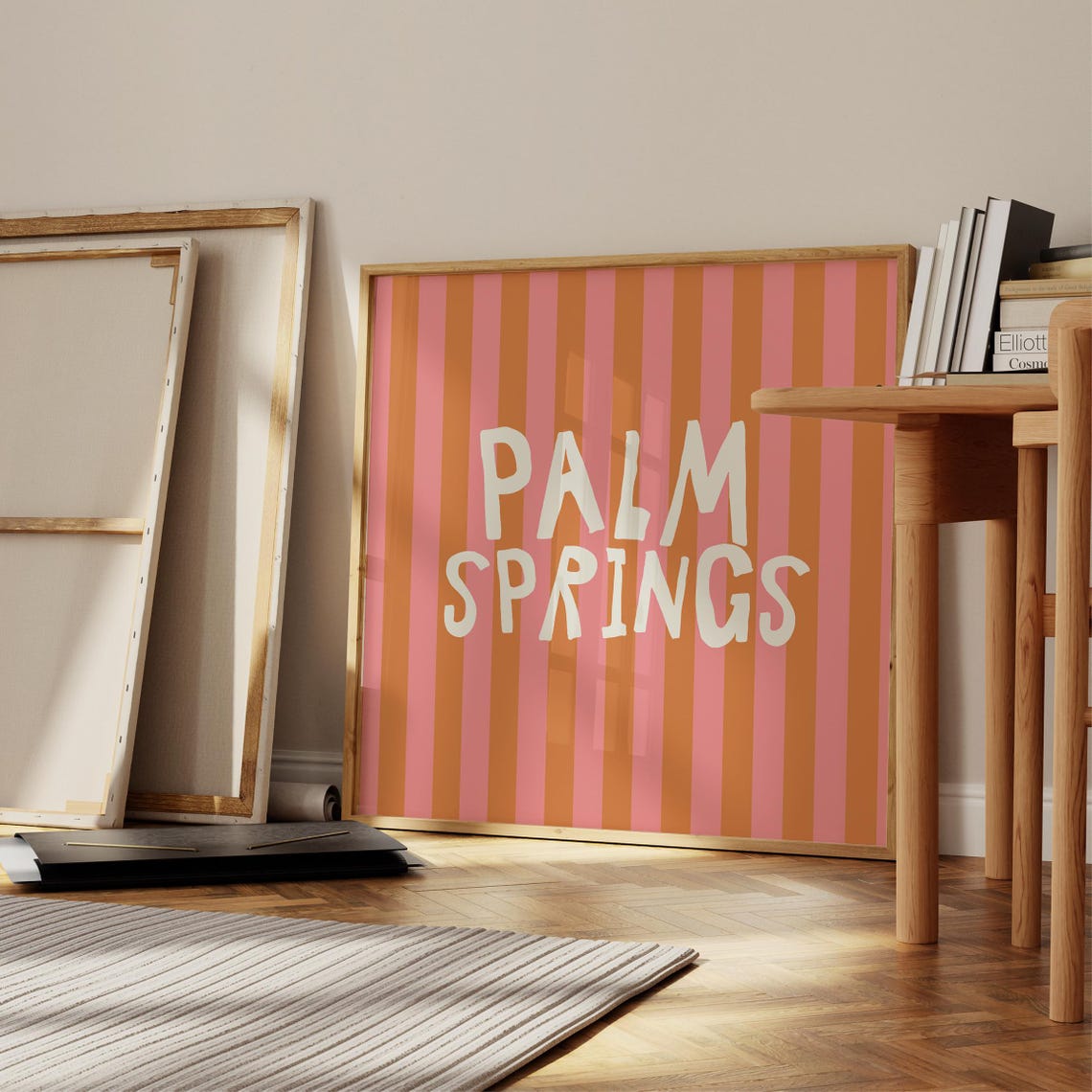 Palm Springs Cream Hand Lettered Pink Orange Striped Square Poster - Image 2