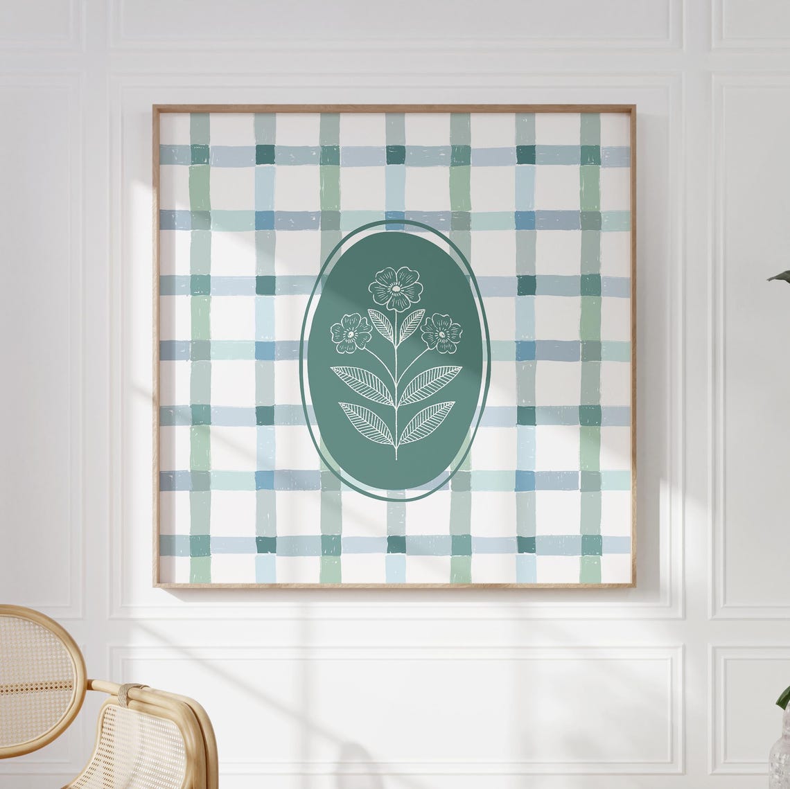 Blue Green Check Plaid Teal Medallion White Floral Square Wall Art - Image 5