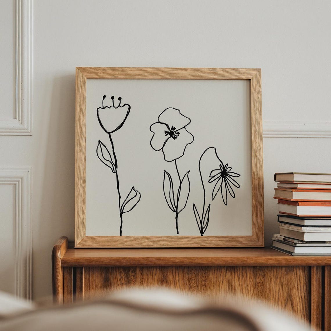 Minimalist Black Line Art Wildflowers Cream Modern Nursery Wall Art