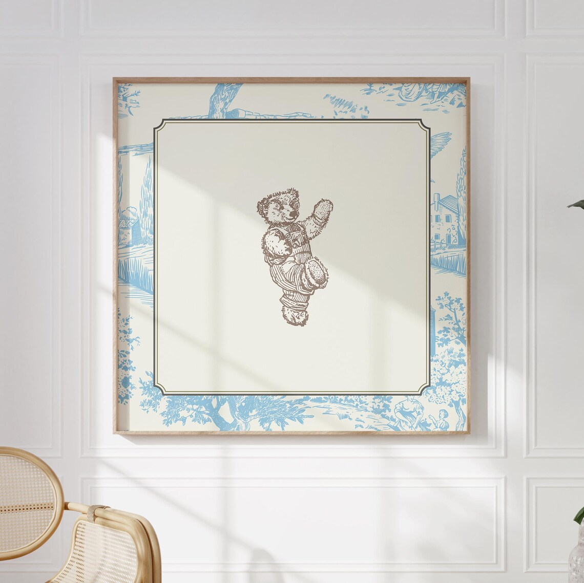 Vintage Blue Toile Waving Teddy Bear Overalls Cottage Nursery Wall Art Print - Image 5