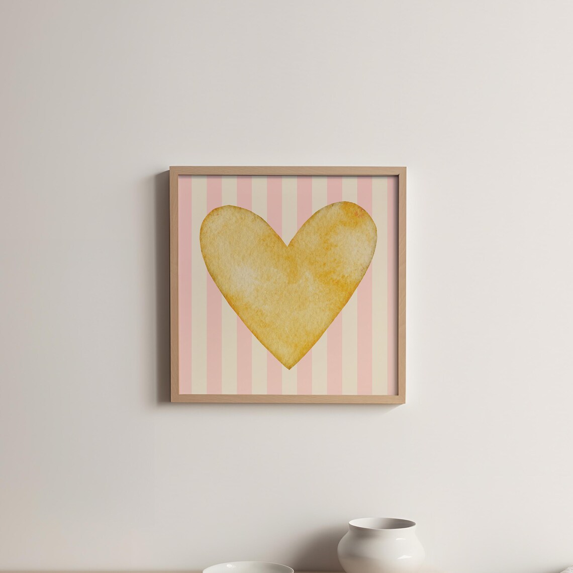 Golden Yellow Watercolor Heart Pink Stripe Square Valentine Art Poster - Image 5