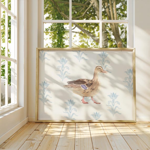 Blue Watercolor Mallard Art Print, Cottage Core Decor
