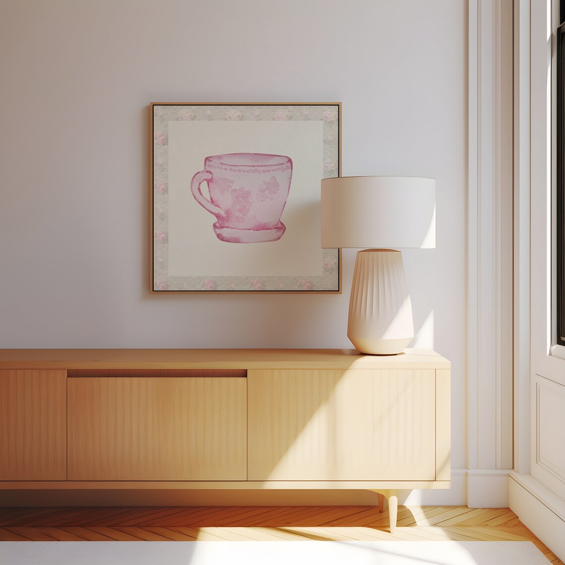 Pink Watercolor Teacup On Grey Floral Wallpaper Square Poster - Image 2