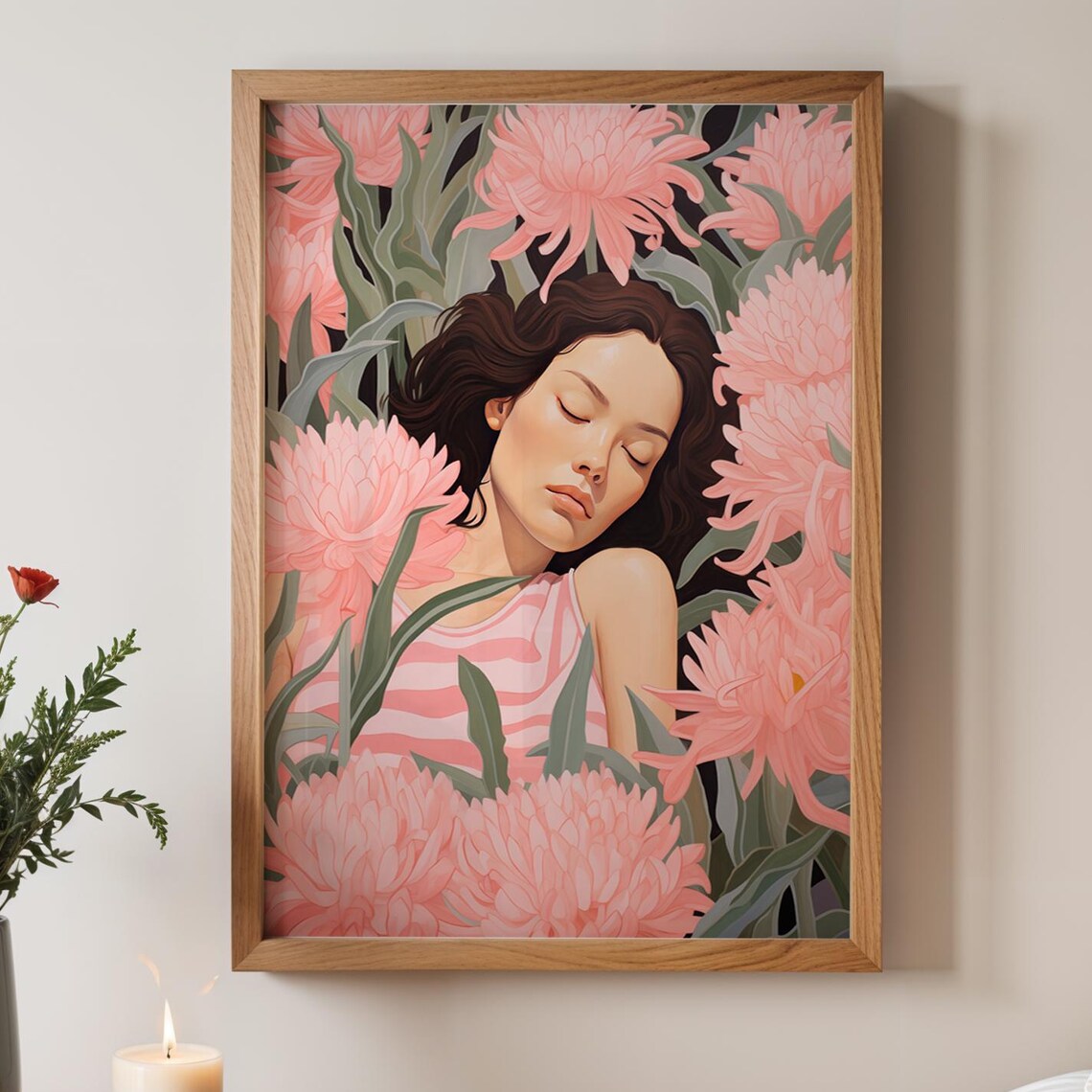 Dreamy Woman Portrait Among Pink Chrysanthemum Flowers Poster