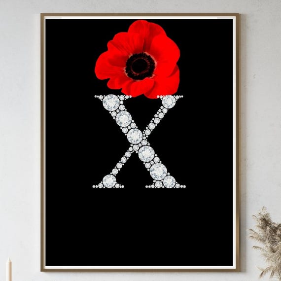 Diamond Letter X Wall Art Red Flower Monogram Print Elegant Initial Poster Personalized Name Decor Luxury Alphabet Glam