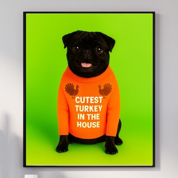 Black Pug Thanksgiving Wall Art Cutest Turkey In The House Funny Dog Lover Gift Fall Home Decor Mom Dad Print