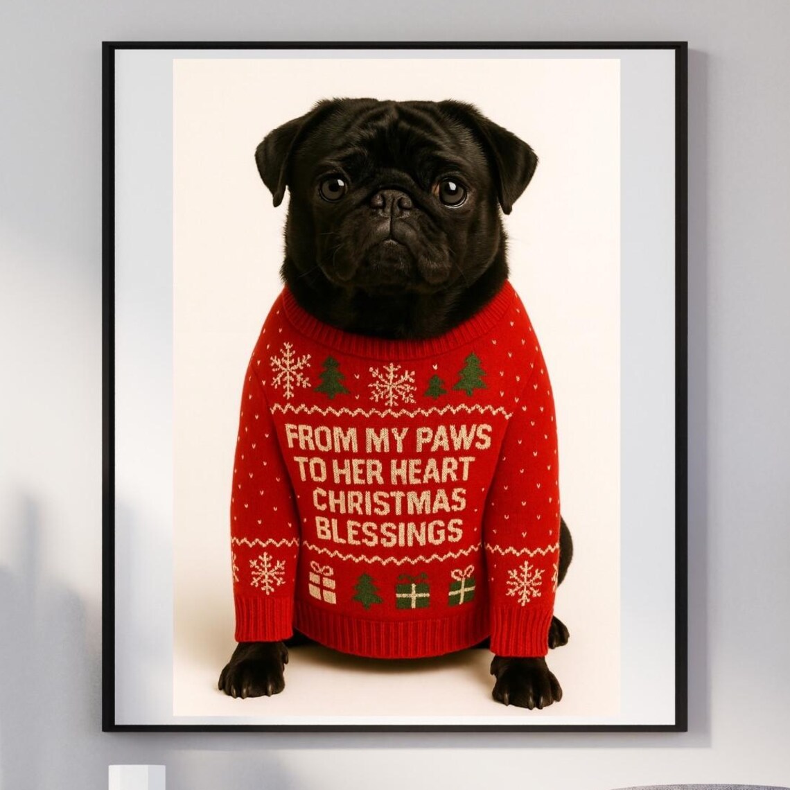Black Pug Christmas Art Print, Dog Lover Gift