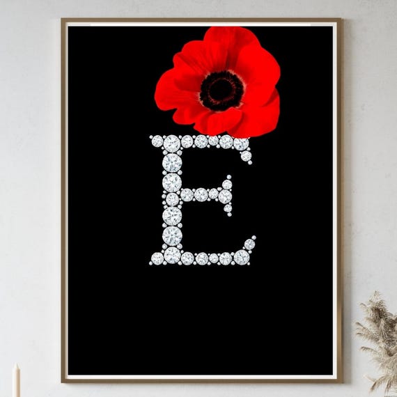 Diamond Letter E Wall Art Red Flower Monogram Print Elegant Initial Poster Personalized Name Decor Luxury Alphabet Glam