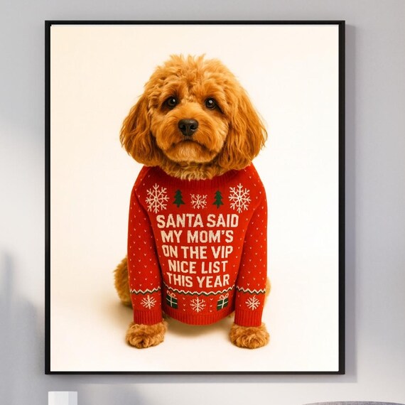 Cavapoo Christmas Sweater Dog Portrait Funny Santa Nice List Poster