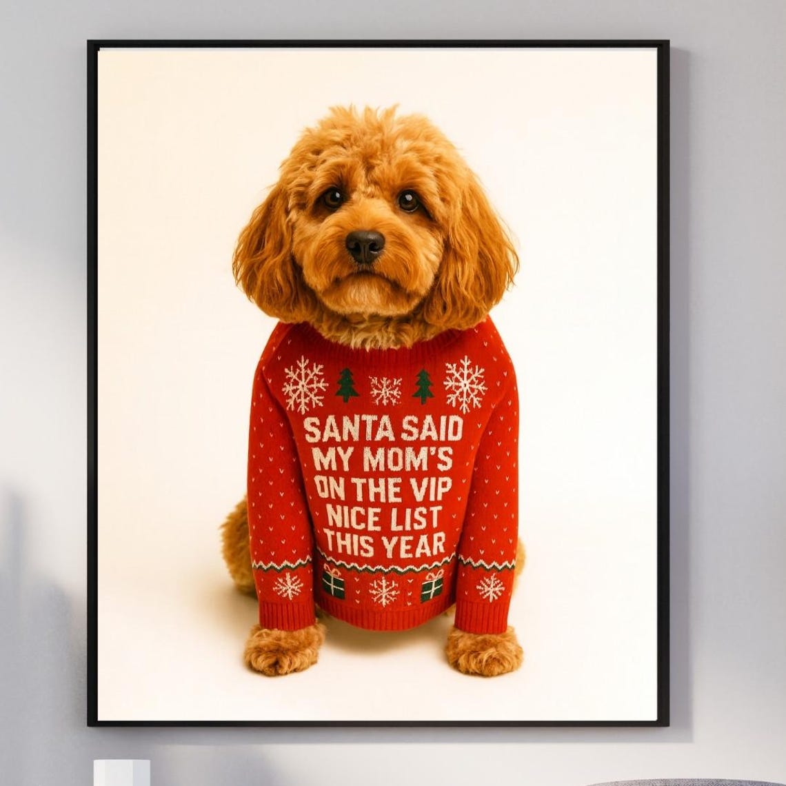 Cavapoo Christmas Sweater Dog Portrait Funny Santa Nice List Poster