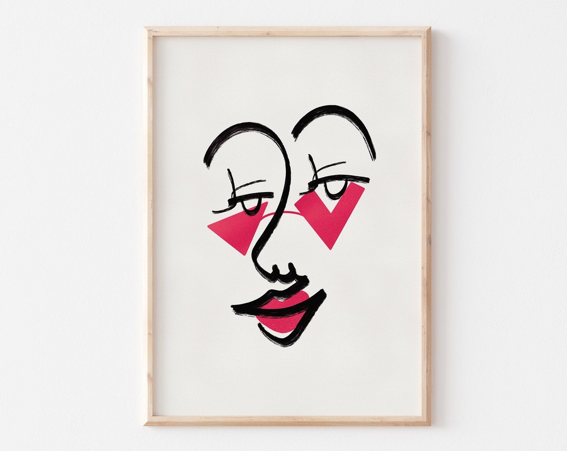 Abstract Face Line Drawing Pink Sunglasses Bold Modern Wall Art