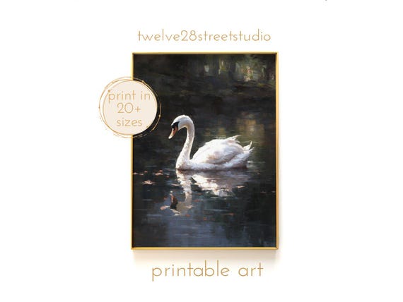 Swan Oil Painting Instant Downloand Artwork Print In 20 Sizes Wall Art Vintage Wall Art Moody Wall Art