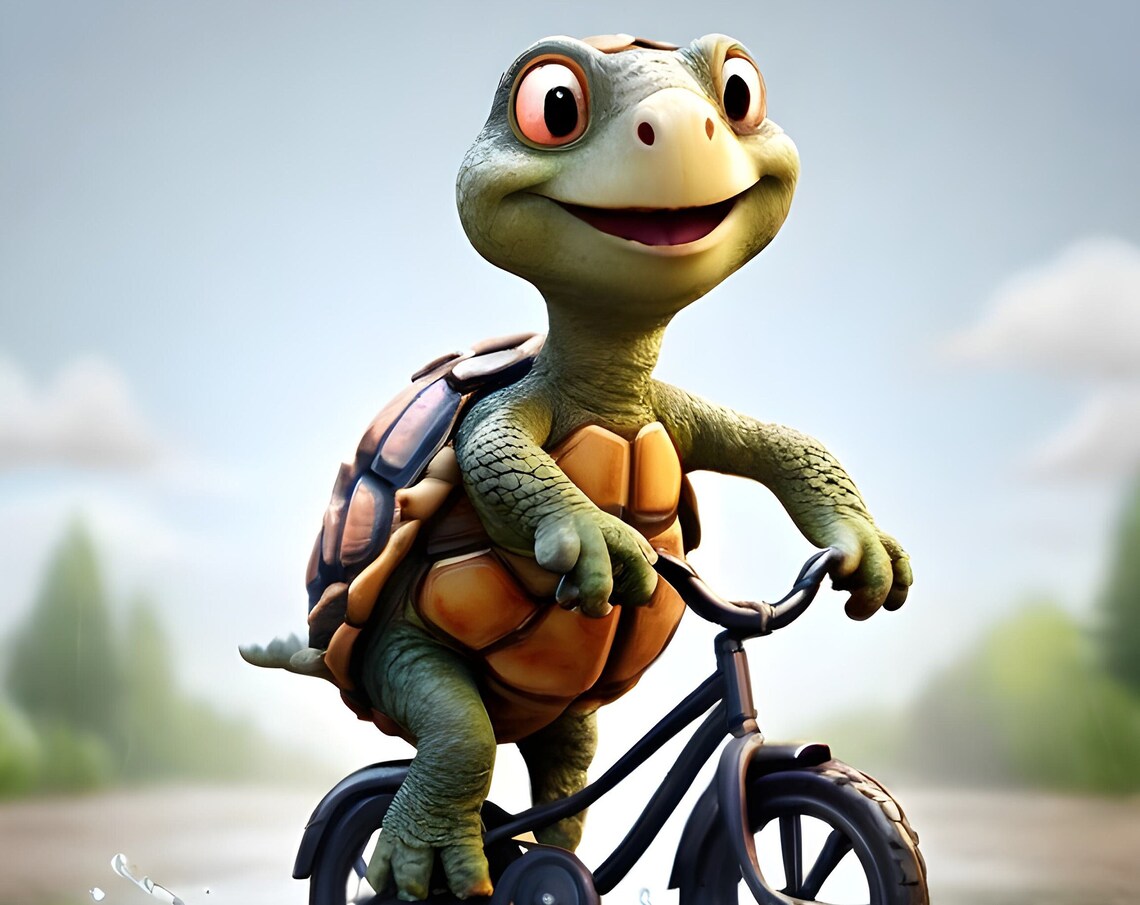 Tortoise Cyclist Splashing Through A Puddle Art Print