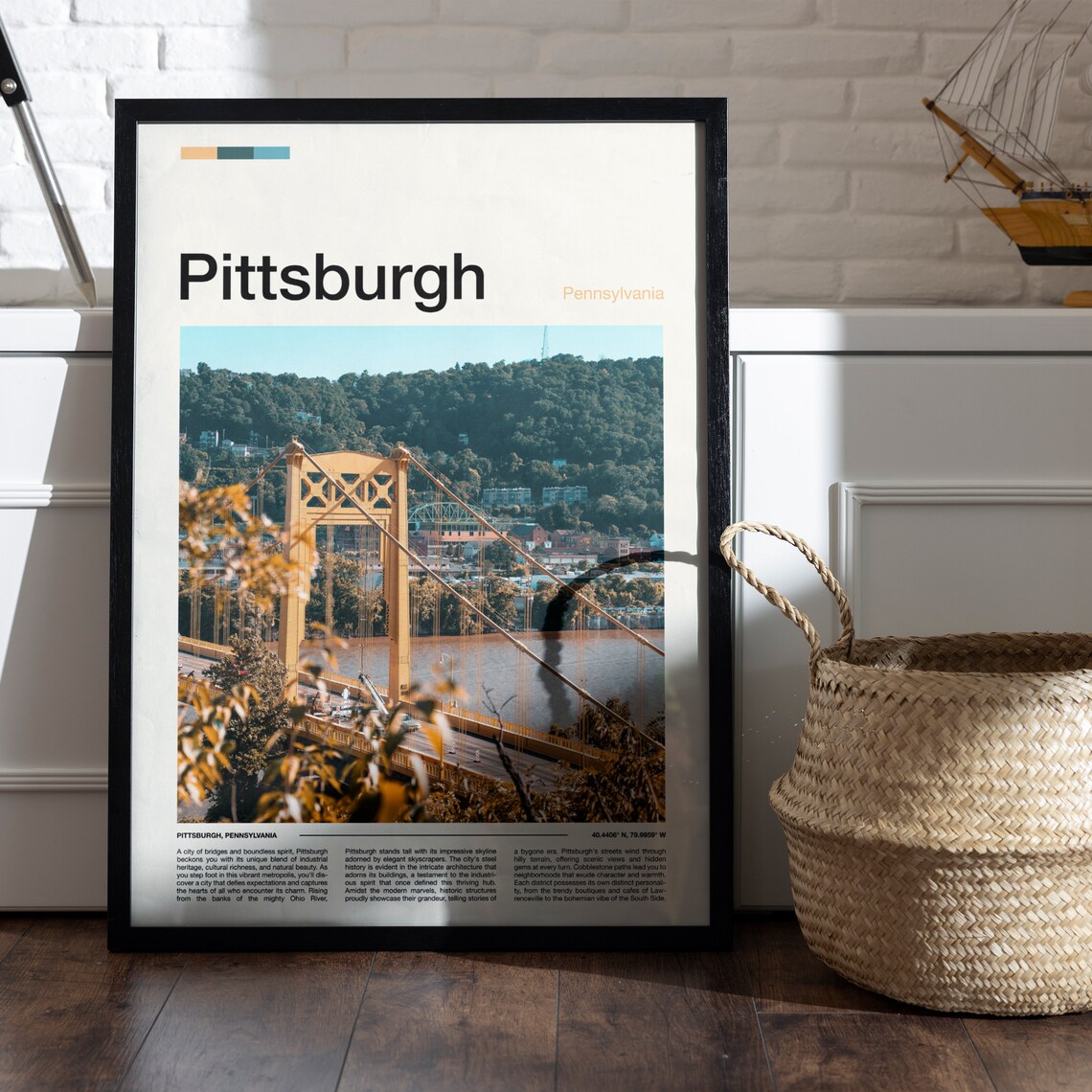 Pittsburgh Pennsylvania Yellow Bridge River Skyline City Photo Poster - Image 4