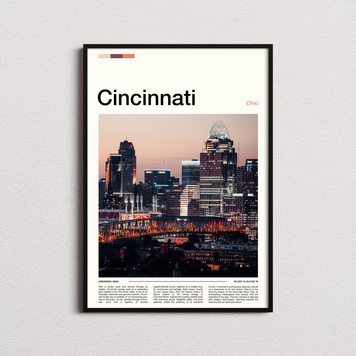 Cincinnati Ohio Downtown Skyline Dusk Riverfront City Poster