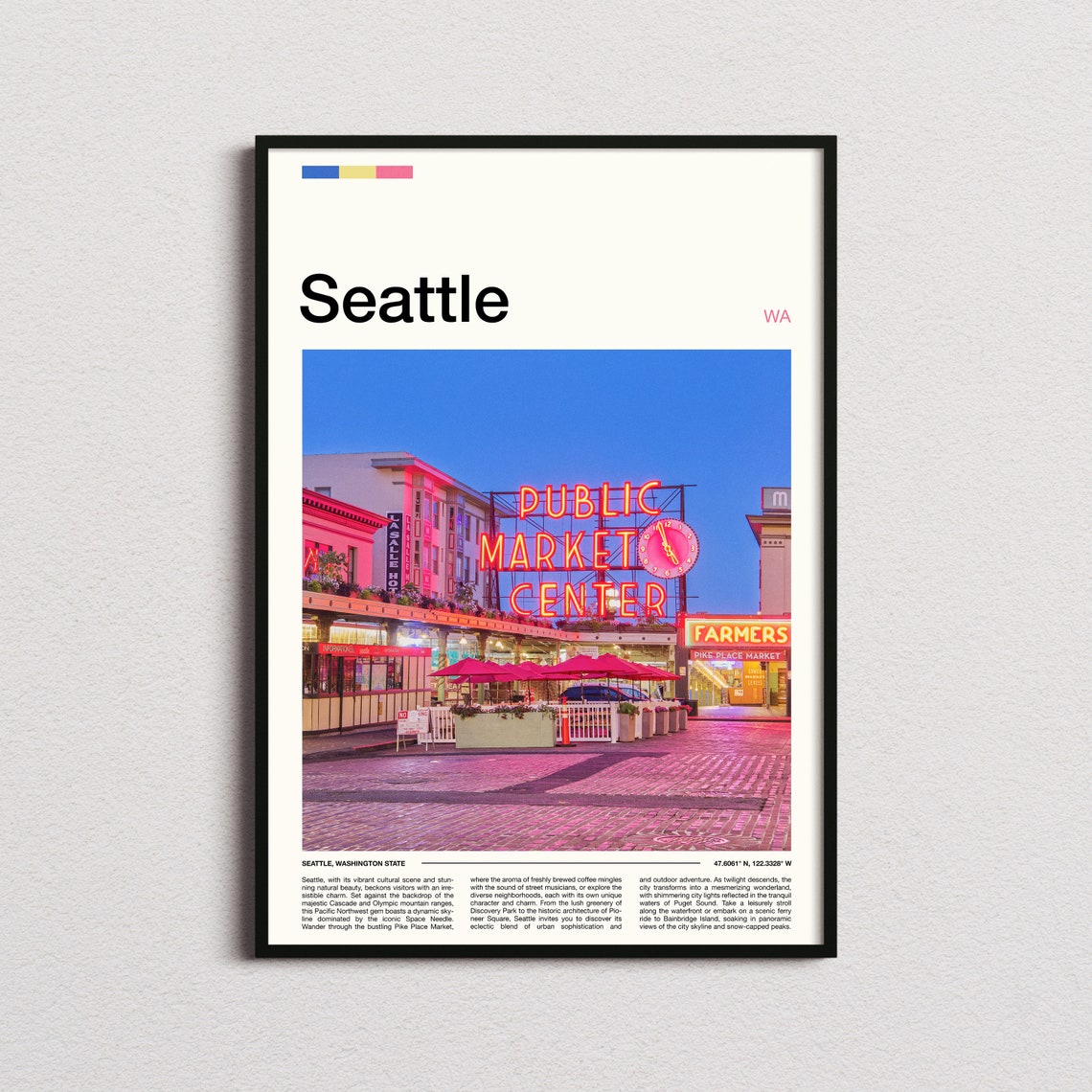 Seattle Public Market Center Neon Sign Dusk Photo Art Poster
